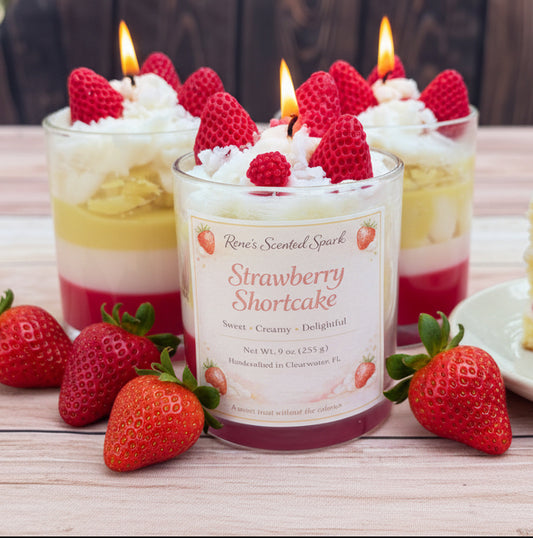 Close-up of strawberry shortcake dessert candle with whipped wax, strawberry embeds, and layered coconut wax, burning in glass container