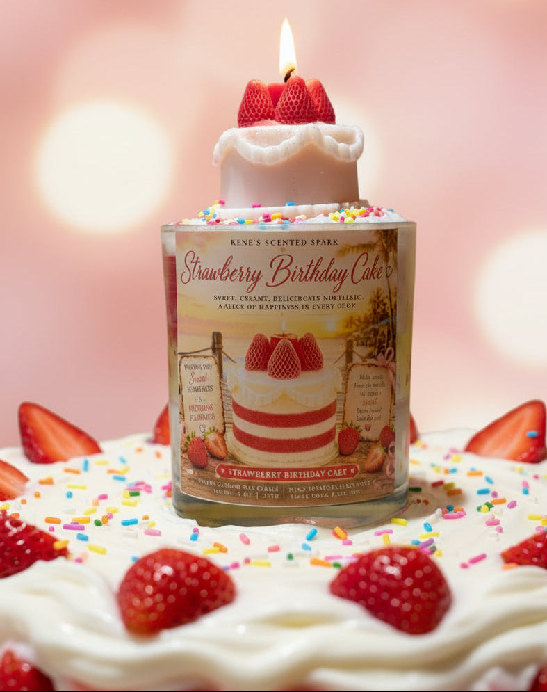 Candle called Strawberry Birthday Cake' scented candle with decorative elements on a pink background