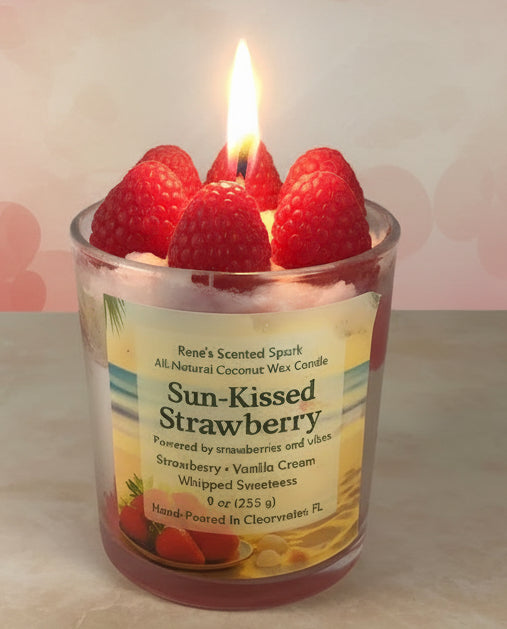 Candle in a glass jar with raspberries and a visible label on a light background