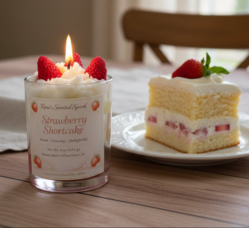 Strawberry shortcake candle with a slice of strawberry cake on a dining table