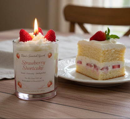 Strawberry shortcake candle with a slice of strawberry cake on a dining table