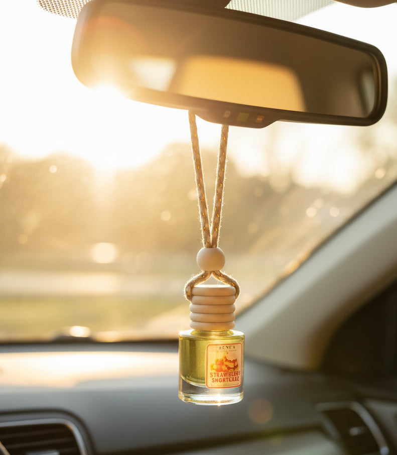 Strawberry Shortcake hanging car freshener with wooden diffuser cap suspended from a rearview mirror inside a car, illuminated by warm golden sunlight.