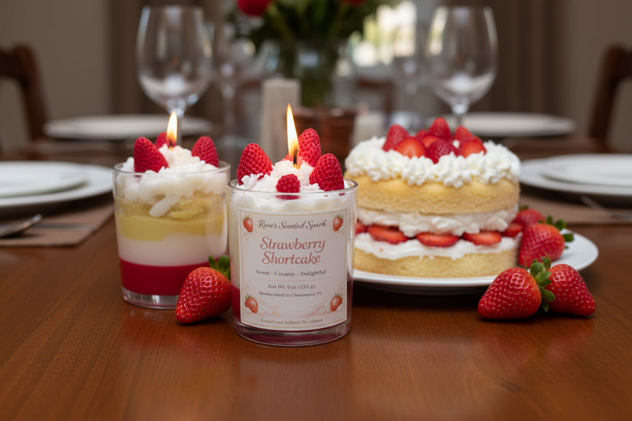 Strawberry shortcake dessert candle with whipped wax and strawberry embeds, layered coconut wax in glass jar, lit and glowing