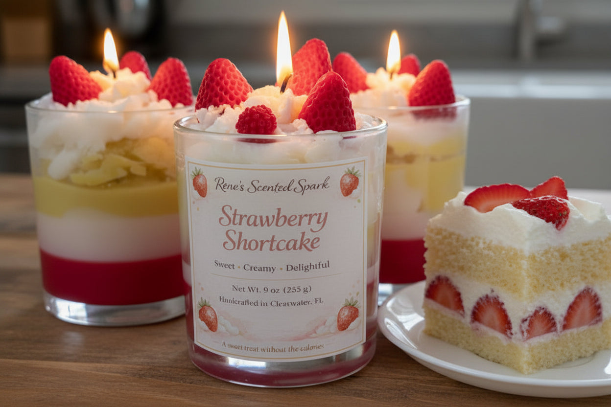 Candle in a glass jar with strawberry shortcake design and 'Rene's Scented Spark' branding.