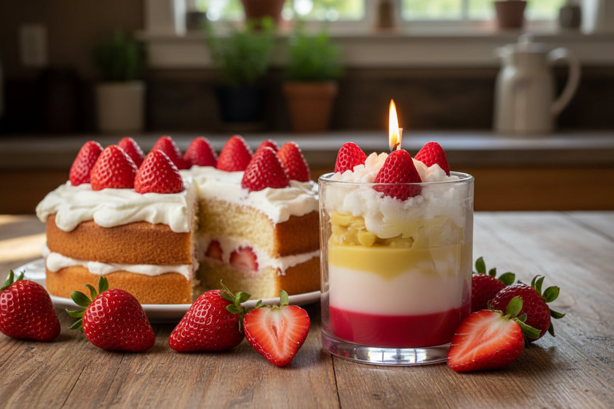 Strawberry shortcake candle with whipped wax topping and strawberry embeds, layered coconut wax, lit in glass jar