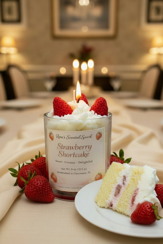Close-up of strawberry shortcake dessert candle with whipped wax, strawberry embeds, and layered coconut wax, burning in glass container