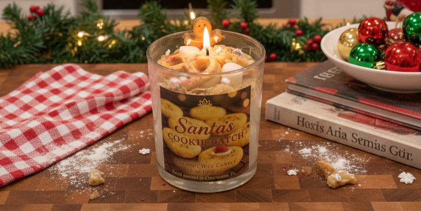 Candle labeled 'Santa's Cookie Batch' on a table with Christmas decorations