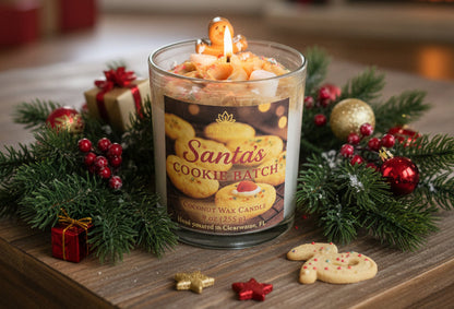Candle labeled 'Santa's Cookie Batch' surrounded by Christmas decorations on a wooden surface.