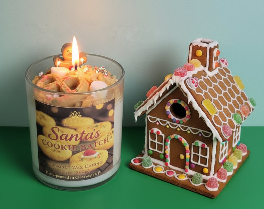 Candle labeled 'Santa's Cookie Batch' next to a gingerbread house on a green surface.