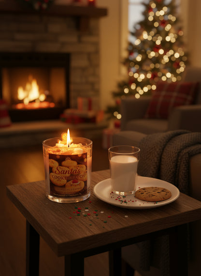Candle labeled 'Santa's Cookies' with a glass of milk and cookie on a table in a cozy living room with a fireplace and Christmas tree.