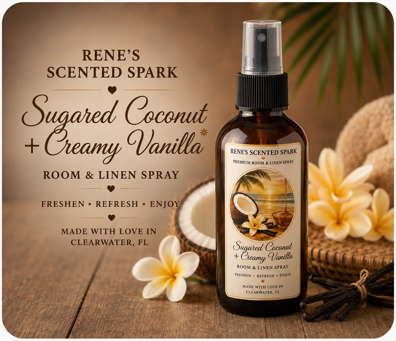 Sugared Coconut & Creamy Vanilla Room Spray | Coastal Home Fragrance | Hand Poured Gift | 4 oz