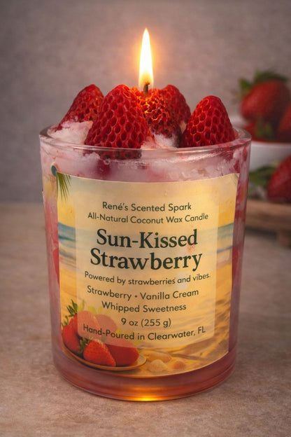 Lit Sun-Kissed Strawberry candle with strawberry wax embeds in a tropical beach-style mockup.