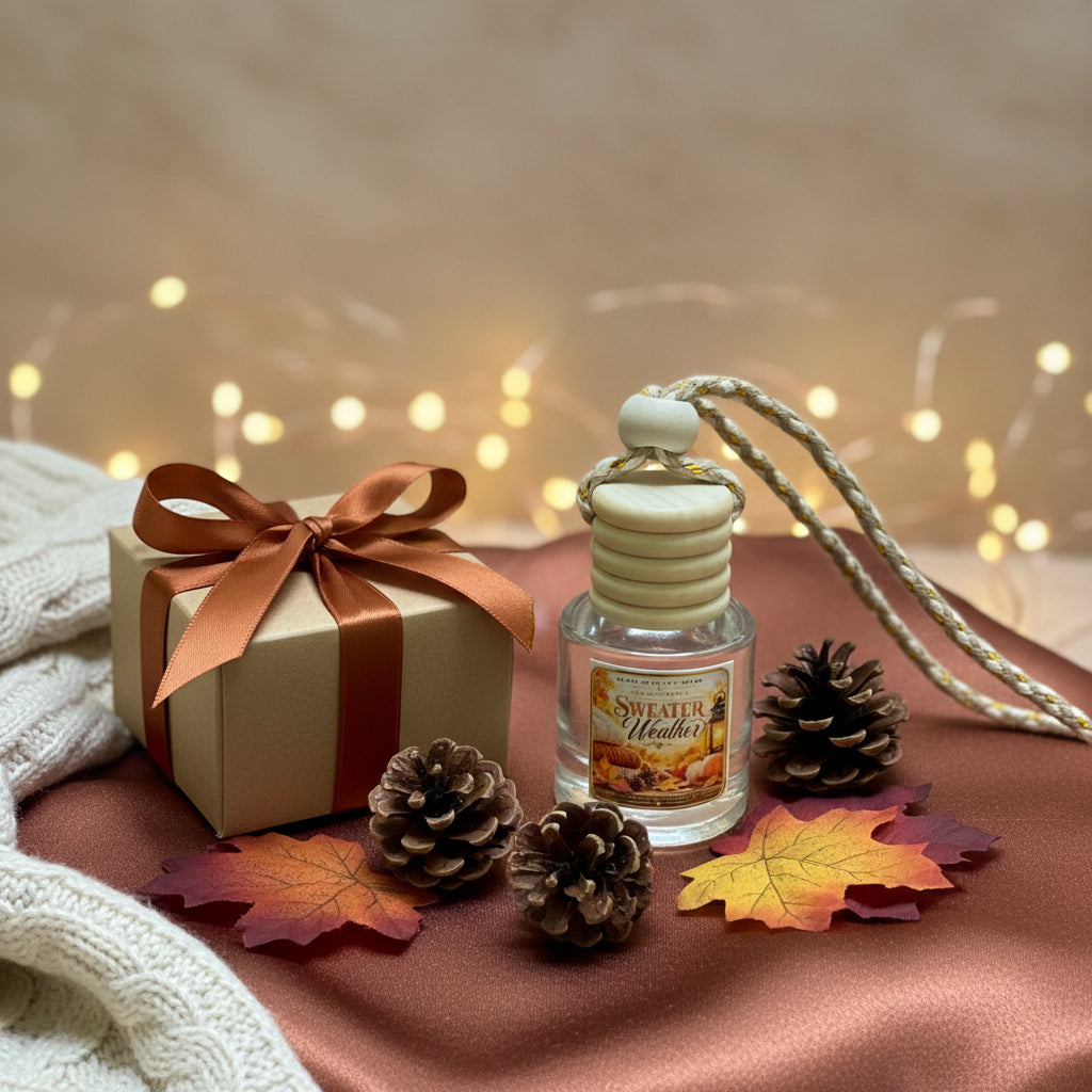 Sweater Weather car freshener by Rene’s Scented Spark styled beside a fall gift box with brown satin ribbon, pinecones, autumn leaves, cozy knit fabric, and warm fairy lights.