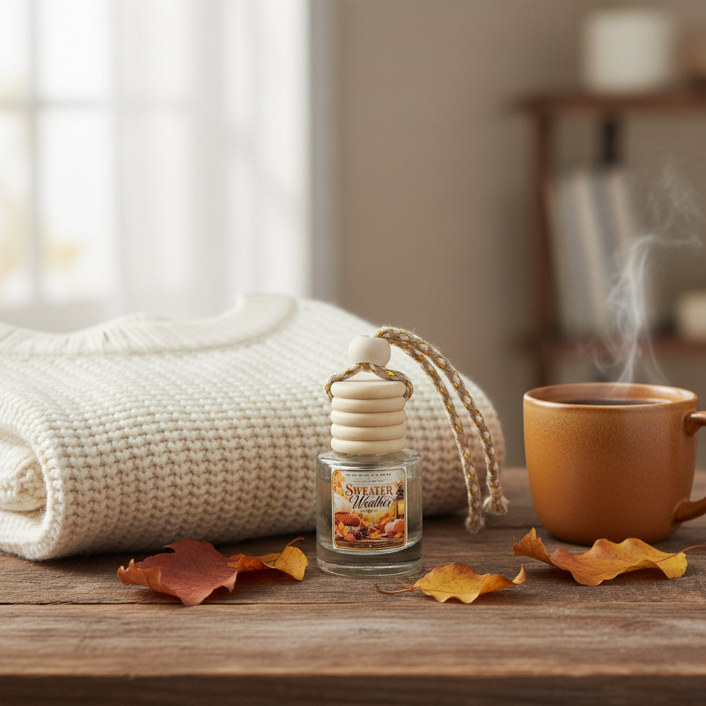 Sweater Weather car freshener by Rene’s Scented Spark displayed beside a cozy cream knit sweater, steaming mug, and autumn leaves on a rustic wooden table