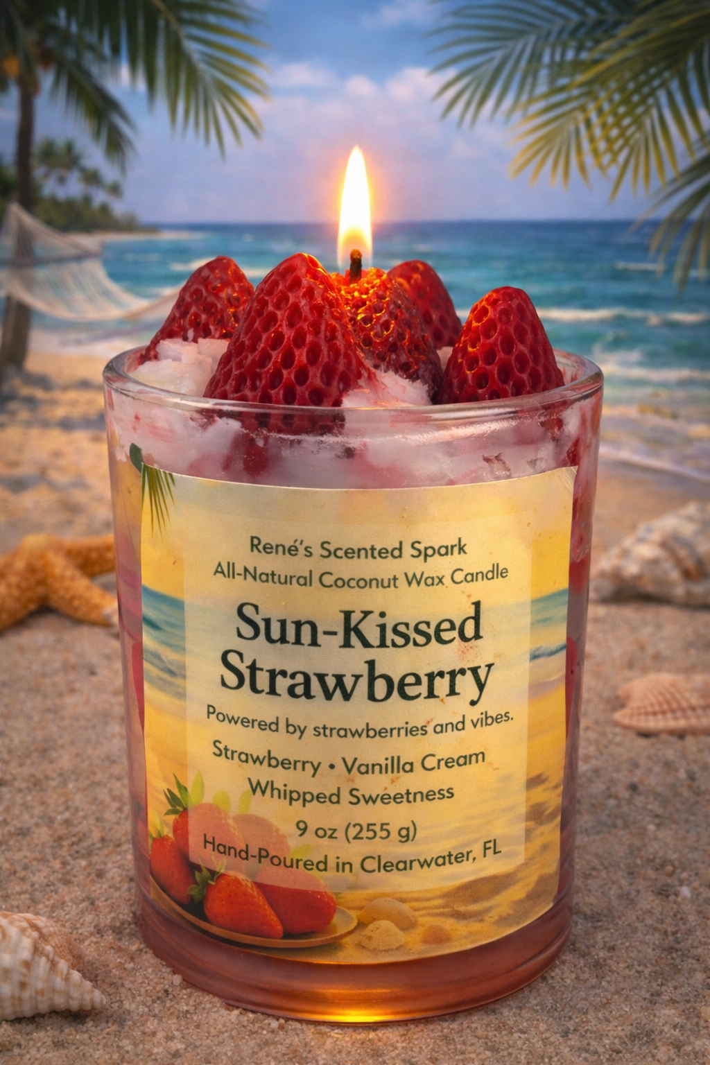 Sun-Kissed Strawberry coconut wax candle lit in a clear glass jar, topped with strawberry-shaped wax embeds and styled in a tropical beach-inspired setting