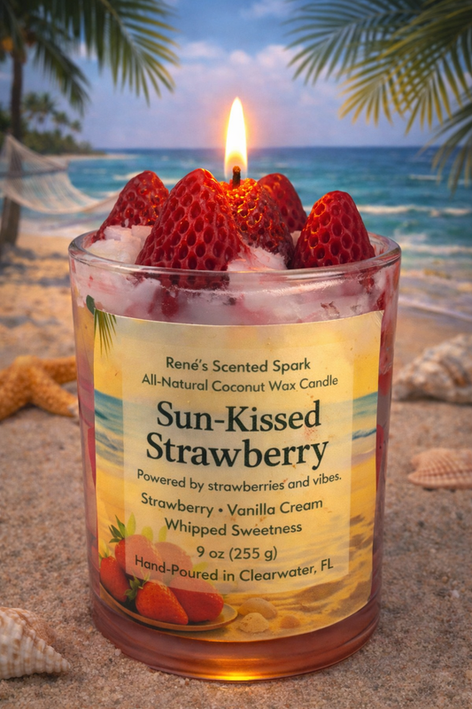 Sun-Kissed Strawberry coconut wax candle lit in a clear glass jar, topped with strawberry-shaped wax embeds and styled in a tropical beach-inspired setting