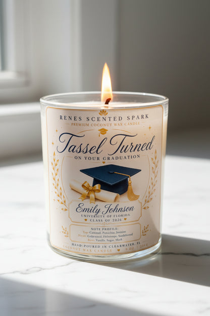 A Renes Scented Spark graduation candle in a metal tin with a cream-colored label featuring a black graduation cap and gold accents. The label reads 'Tassel Turned On Your Graduation' and is personalized with the name 'Emily Johnson' and 'University of Florida'
