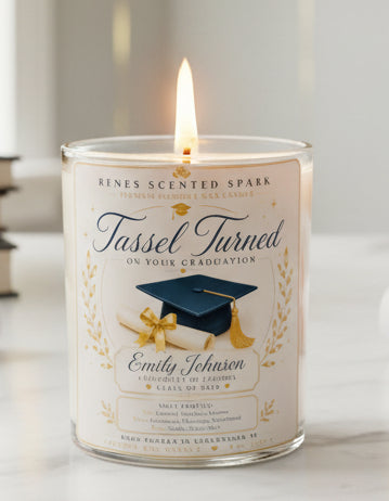 Personalized Tassel Turned graduation candle with custom graduate name, graduation cap and diploma label, handcrafted coconut wax candle for high school, college, nursing, medical, law, and trade school graduates.