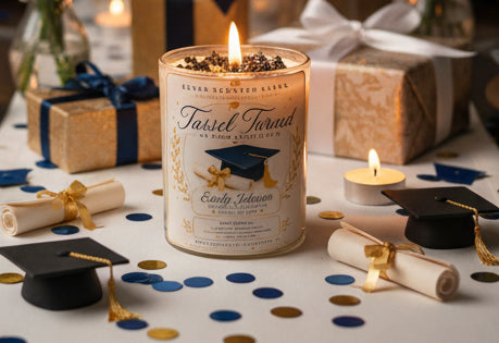 Handmade Tassel Turned graduation candle with a personalized graduate name surrounded by graduation gifts, diplomas, confetti, and graduation caps. Premium coconut wax graduation gift handcrafted in Clearwater, Florida.
