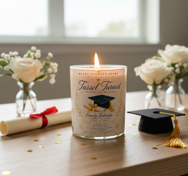 Personalized Tassel Turned graduation candle with custom graduate name, graduation cap, diploma, and premium coconut wax. Elegant graduation gift for high school, college, nursing, medical, law, and trade school graduates. Hand-poured in Clearwater, Florida.