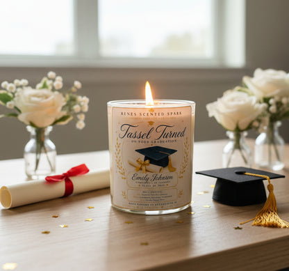 Personalized Tassel Turned graduation candle with custom graduate name, graduation cap, diploma, and premium coconut wax. Elegant graduation gift for high school, college, nursing, medical, law, and trade school graduates. Hand-poured in Clearwater, Florida.