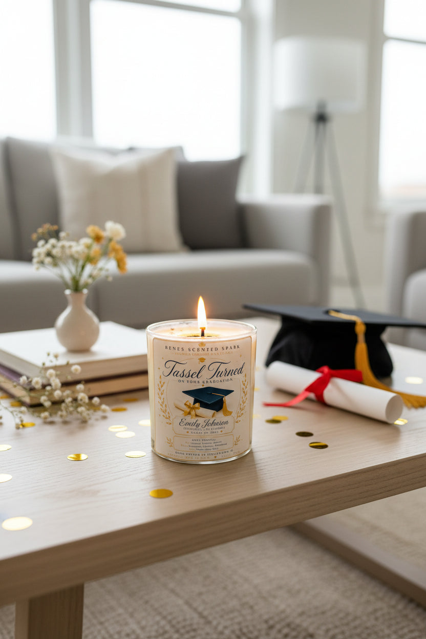 Personalized Tassel Turned graduation candle displayed with a graduation cap, diploma, and elegant home décor. Handmade coconut wax candle with a custom graduate name, perfect for high school, college, nursing, medical, law, and trade school graduation gifts.