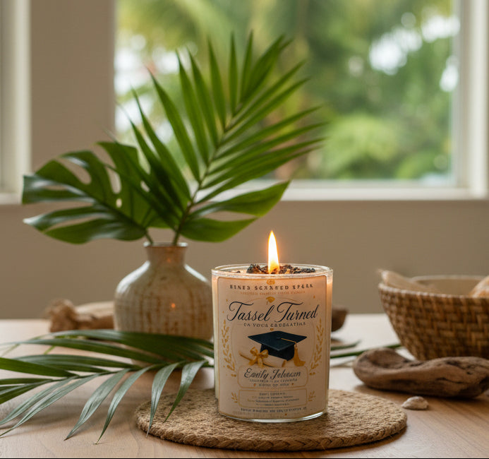 Personalized Tassel Turned graduation candle displayed with tropical palm leaves and natural coastal décor. Handmade coconut wax candle with a custom graduate name, graduation cap, and diploma. Perfect graduation gift hand-poured in Clearwater, Florida.