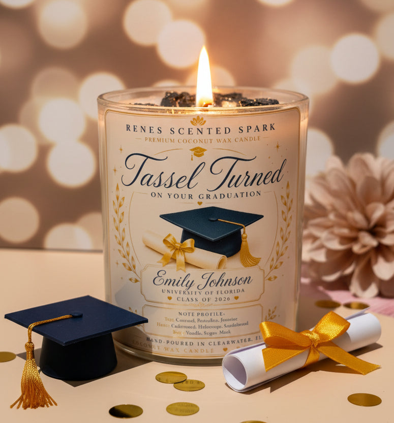 Tassel Turned graduation candle with personalized graduate name, graduation cap wax topper, diploma, and premium coconut wax. Hand-poured graduation gift for college graduates, Class of 2026, made in Clearwater, Florida.