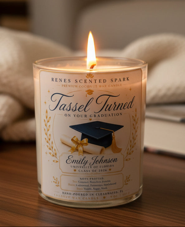 Personalized Tassel Turned graduation candle with a custom graduate name, graduation cap and diploma label, handcrafted coconut wax candle for high school, college, nursing, medical, law, and trade school graduates