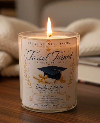 Personalized Tassel Turned graduation candle with a custom graduate name, graduation cap and diploma label, handcrafted coconut wax candle for high school, college, nursing, medical, law, and trade school graduates