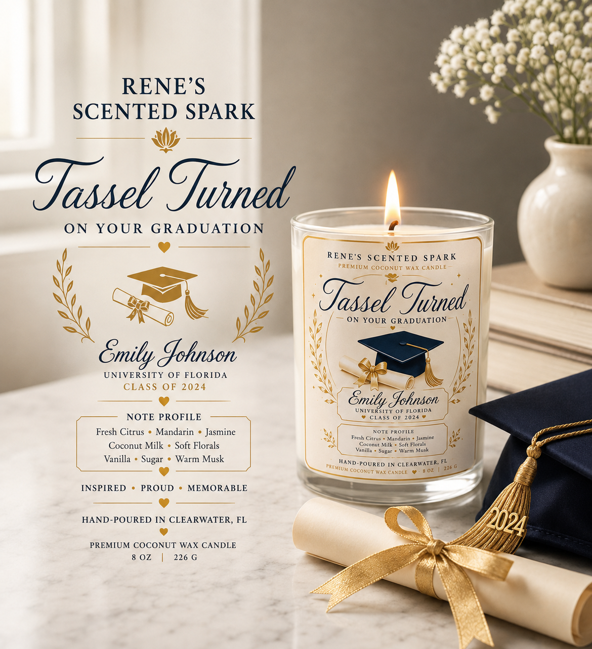 A Renes Scented Spark graduation candle in a metal tin with a cream-colored label featuring a black graduation cap and gold accents. The label reads 'Tassel Turned On Your Graduation' and is personalized with the name 'Emily Johnson' and 'University of Florida
