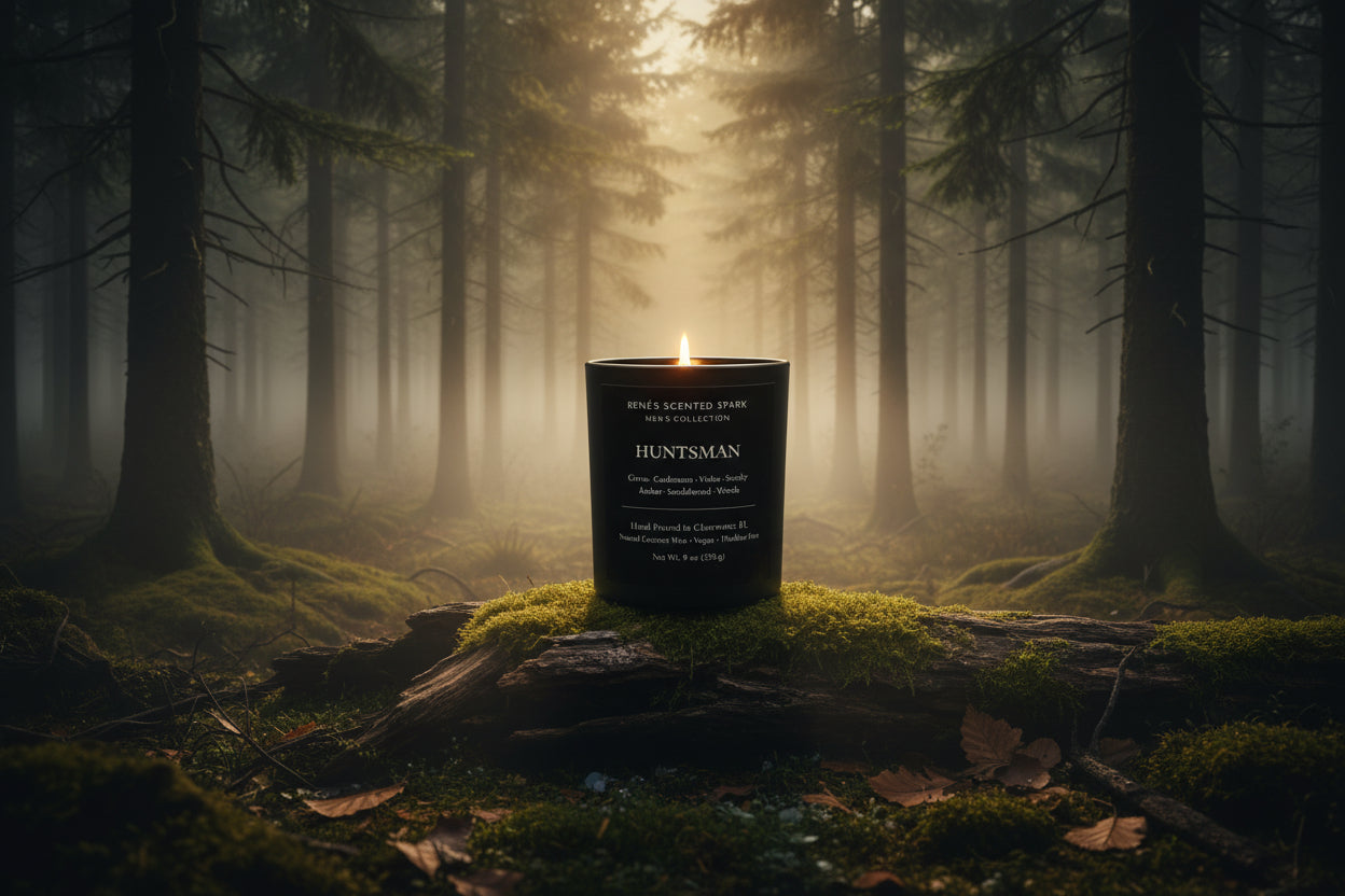Lit black glass Huntsman candle from Rene’s Scented Spark placed on a moss-covered log in a foggy forest with soft golden light filtering through trees