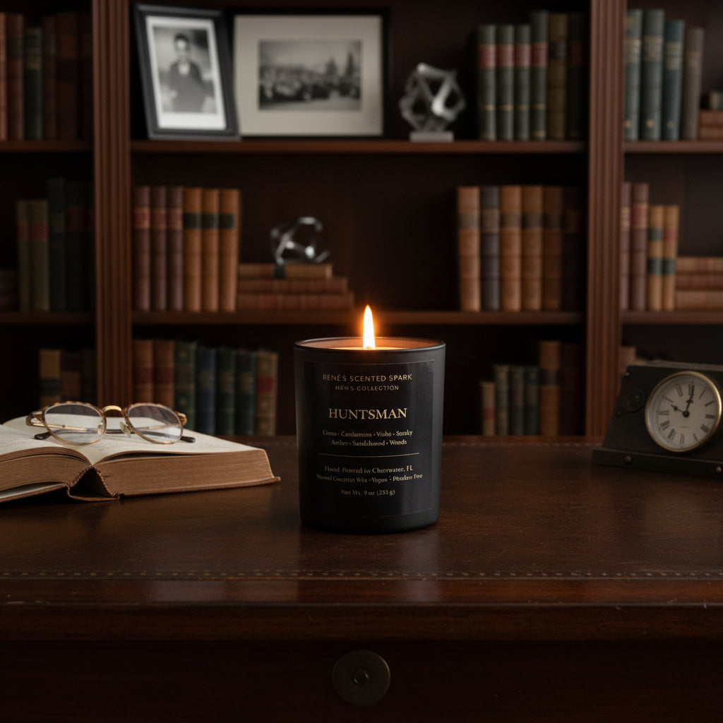 Huntsman men’s scented candle burning in a black glass jar by Rene’s Scented Spark.