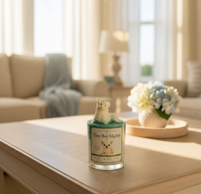 A hand-poured luxury candle with a detailed white chihuahua dog wax topper displayed on a light wood coffee table in an elegant coastal living room. Soft morning sunlight streams through large windows, with cream furnishings, fresh flowers, and a cozy throw blanket in the background.