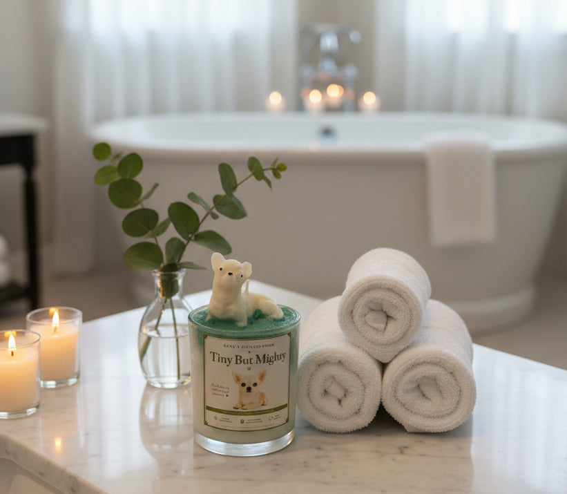 A handcrafted candle with a realistic chihuahua dog wax topper displayed beside rolled white towels, fresh eucalyptus, and a soaking tub in a bright luxury spa bathroom. Soft candlelight reflects across marble countertops with a peaceful, relaxing atmosphere. Photorealistic, elegant, boutique candle branding, luxury spa aesthetic.