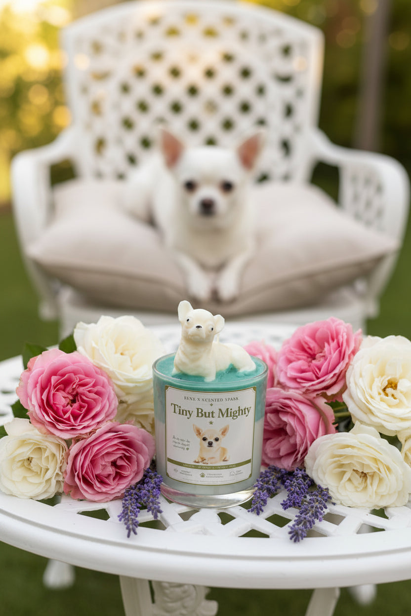 A luxury candle with a realistic white chihuahua dog wax topper displayed on a white garden table surrounded by blooming roses and lavender. A beautifully groomed chihuahua relaxes in the background while soft golden afternoon light creates a peaceful garden atmosphere.