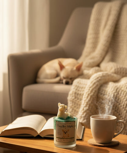 A handcrafted candle with a white chihuahua  dog wax topper displayed beside an open book, a cup of tea, and a soft knit blanket in a cozy reading nook. Warm natural light fills the room while a fluffy chihuahua rests peacefully nearby. Calm, elegant, inviting, premium lifestyle product photography, shallow depth of field, luxury home décor style.