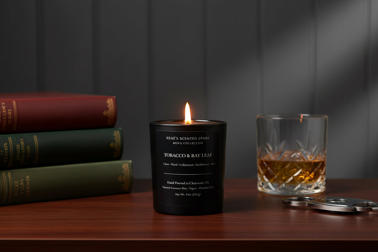 Tobacco and Bay Leaf men’s scented candle burning on a wooden table beside stacked books and a whiskey glass.