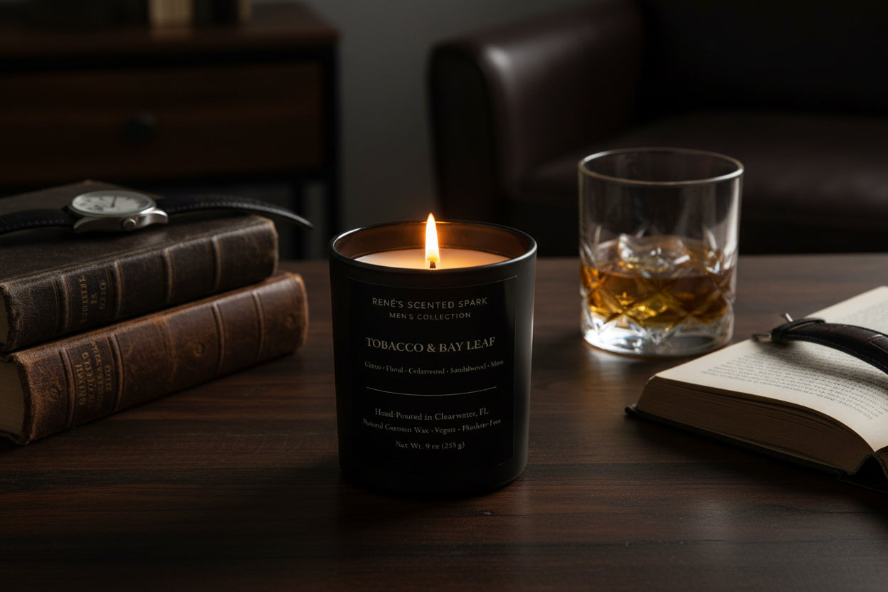 Tobacco and Bay Leaf men’s scented candle burning on a wooden table beside stacked books and a whiskey glass.
