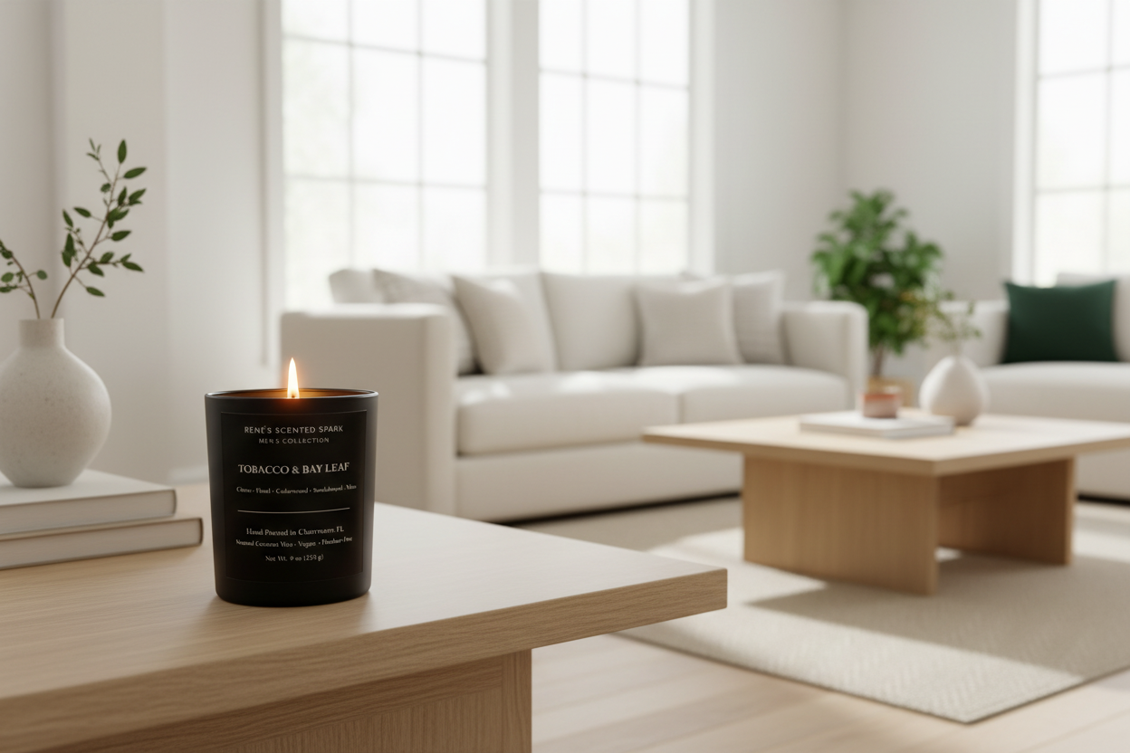 Tobacco and Bay Leaf men’s scented candle burning on a wooden table in a bright modern living room