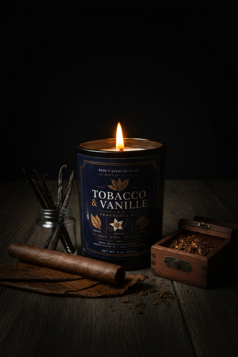 Candle labeled 'Tobacco & Vanille' with a dark background