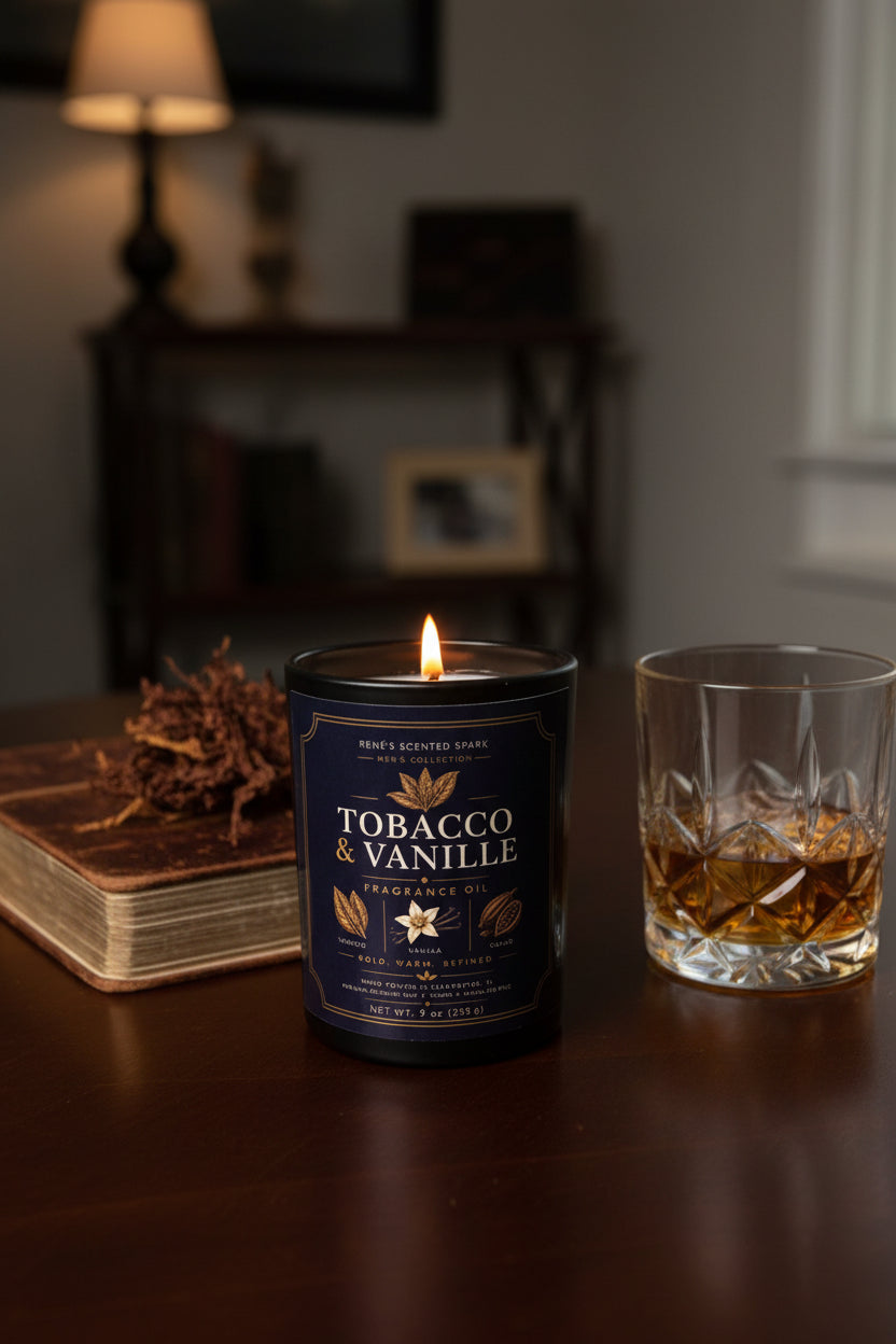 Candle in a Tobacco & Vanille container on a wooden surface