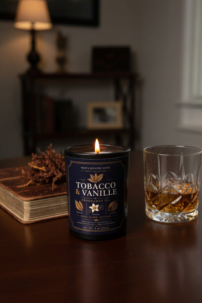 Candle in a Tobacco & Vanille container on a wooden surface