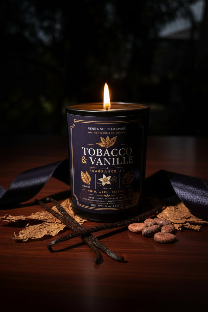 Candle labeled 'Tobacco & Vanille' with vanilla beans and cocoa beans on a dark background
