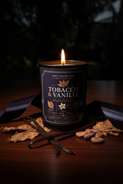 Candle labeled 'Tobacco & Vanille' with vanilla beans and cocoa beans on a dark background