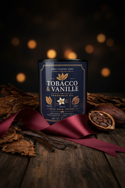 Tobacco & Vanille fragrance oil container on a wooden surface with vanilla beans and cinnamon sticks.