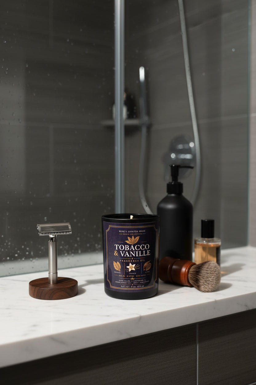 Candle labeled 'Tobacco & Vanilla' with shaving accessories on a bathroom counter.