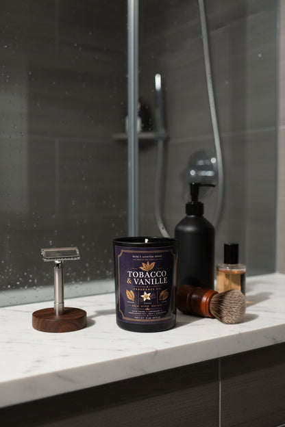 Candle labeled 'Tobacco & Vanilla' with shaving accessories on a bathroom counter.