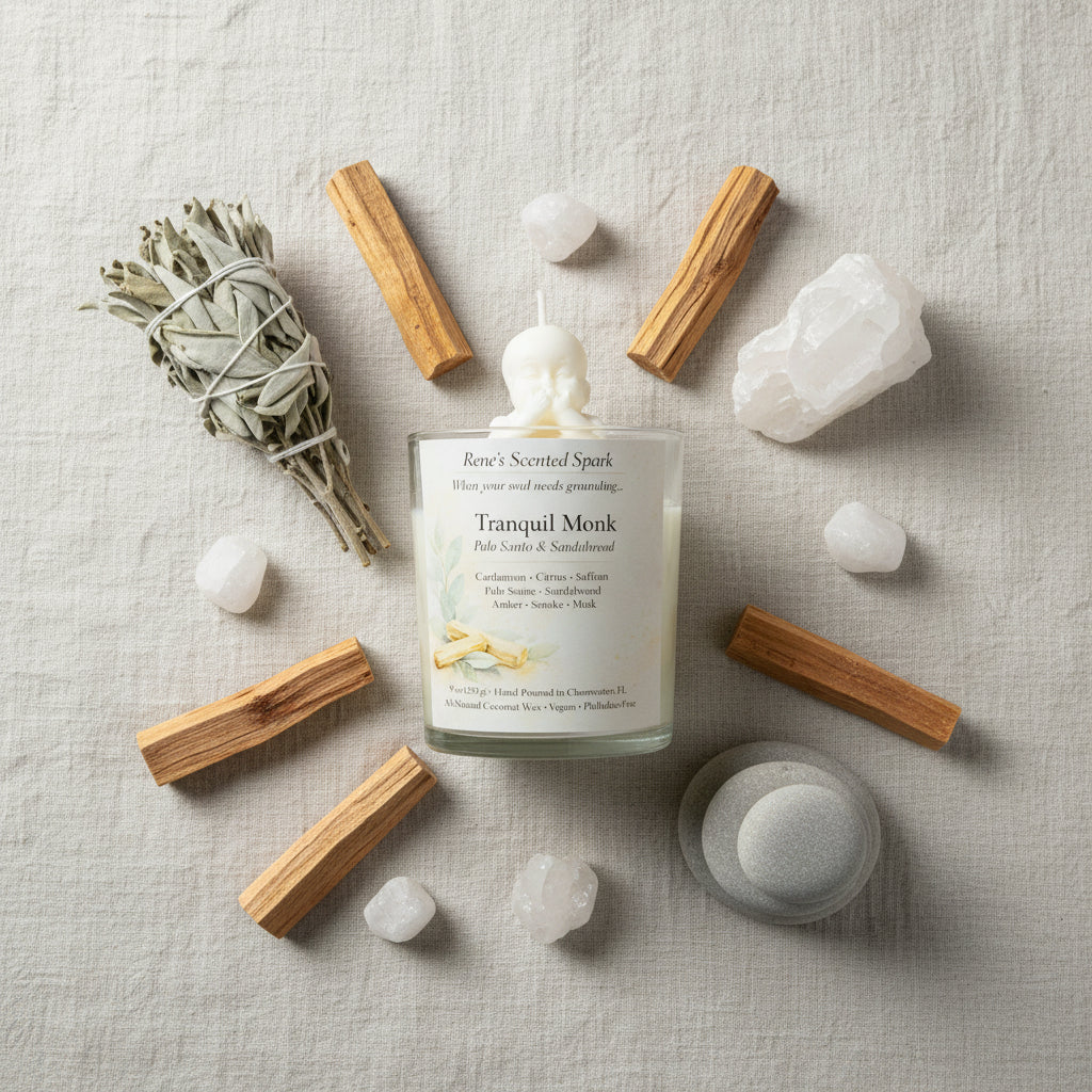 Tranquil Monk – Palo Santo & Sandalwood Meditation Candle | Hand-Poured Coconut Wax | Spiritual Gift