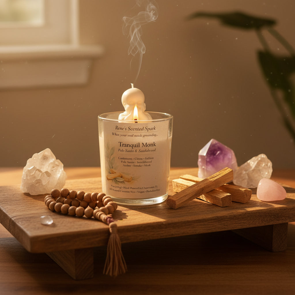 Tranquil Monk – Palo Santo & Sandalwood Meditation Candle | Hand-Poured Coconut Wax | Spiritual Gift